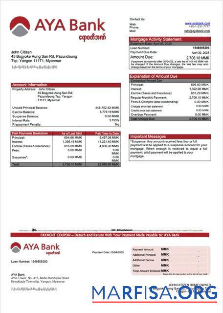Downloadable Myanmar AYA Bank mortgage statement Word and PDF template